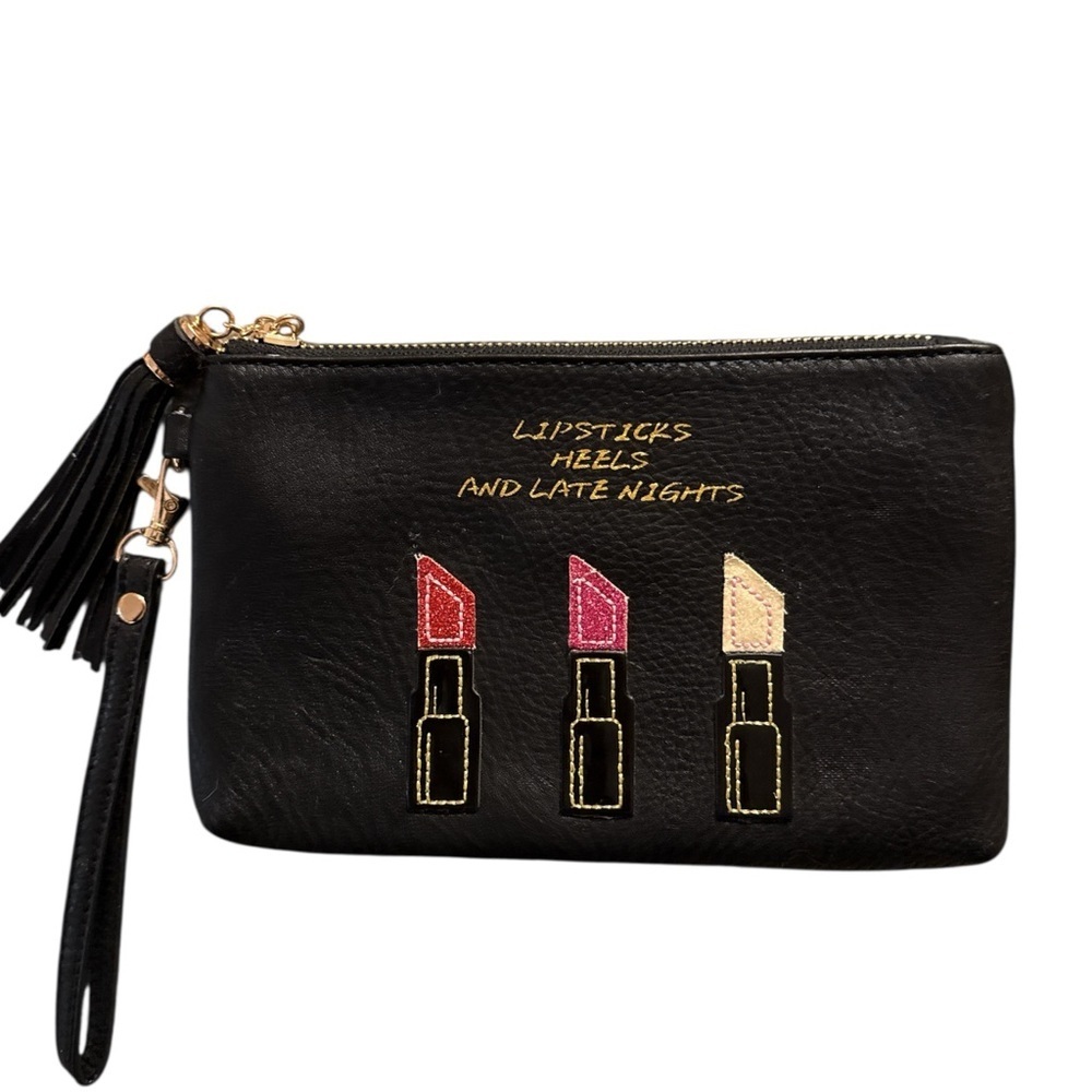 MMS Lipstick Heels Late Nights Black Wristlet Clutch Makeup Bag White Pink Red